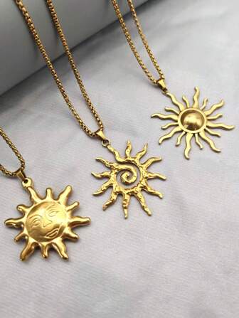 1pc Bohemian Style Stainless Steel Gold Color Sun Pendant Necklace