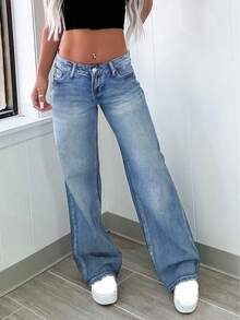 Women Retro Distressed Loose Straight Leg Jeans - Medium Wash - View 4