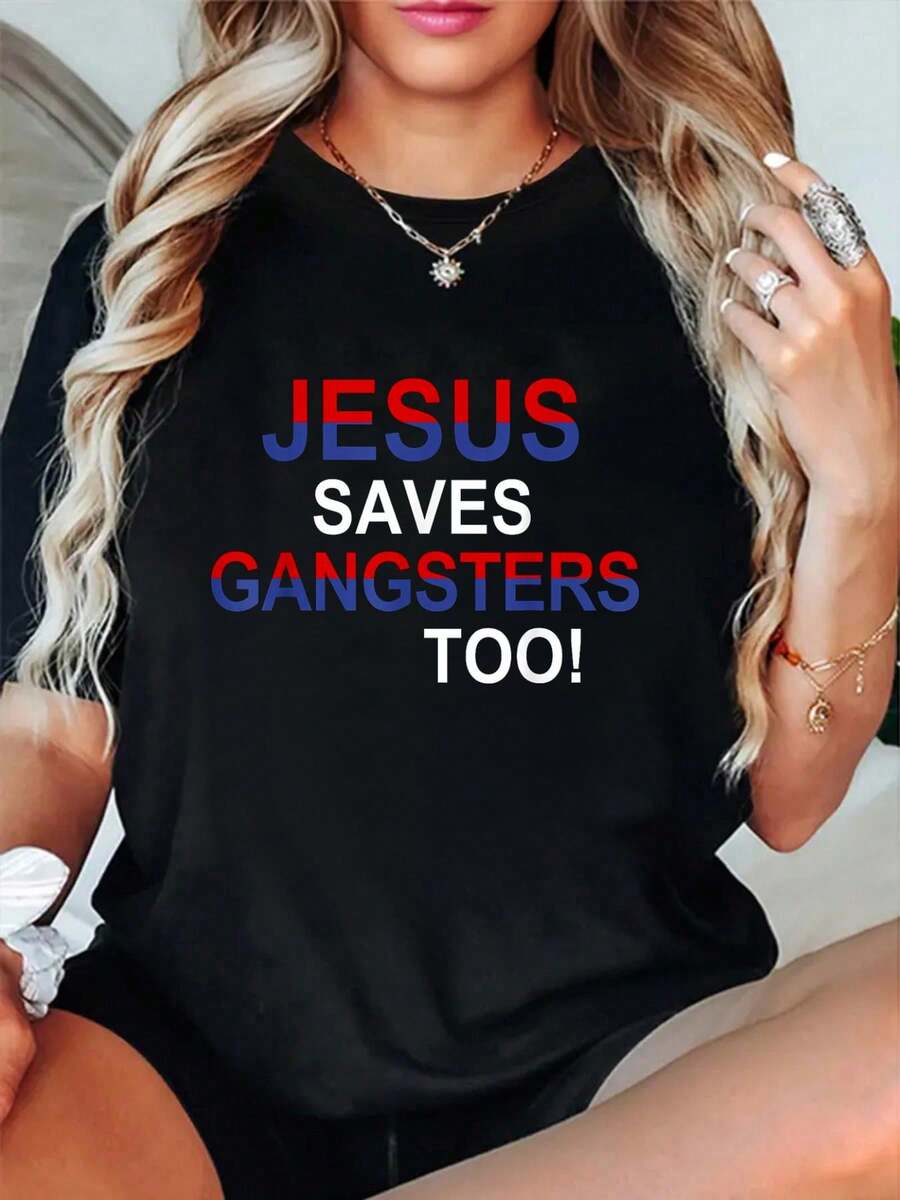 Jesus Saves Gangsters Too Funny Sign Squabble Up T-Shirt - Black - View 1