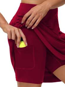 20英寸及膝女士半身裙，带5个口袋，网球裙，高腰高尔夫裙，休闲运动风 - 酒紅色 - 查看 3