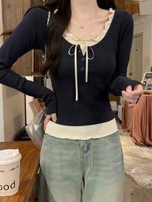 Sweet Bowknot Long Sleeve Ruffle Trim Blouse For Women, Spring/Summer
