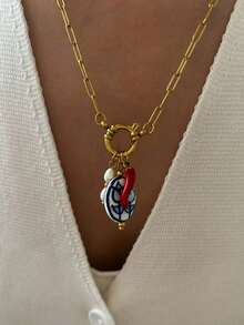 1pc DIY Customizable Stainless Steel OT Clasp Enamel Ceramic Pendant Necklace For Women, Versatile Accessory - Necklace - View 4