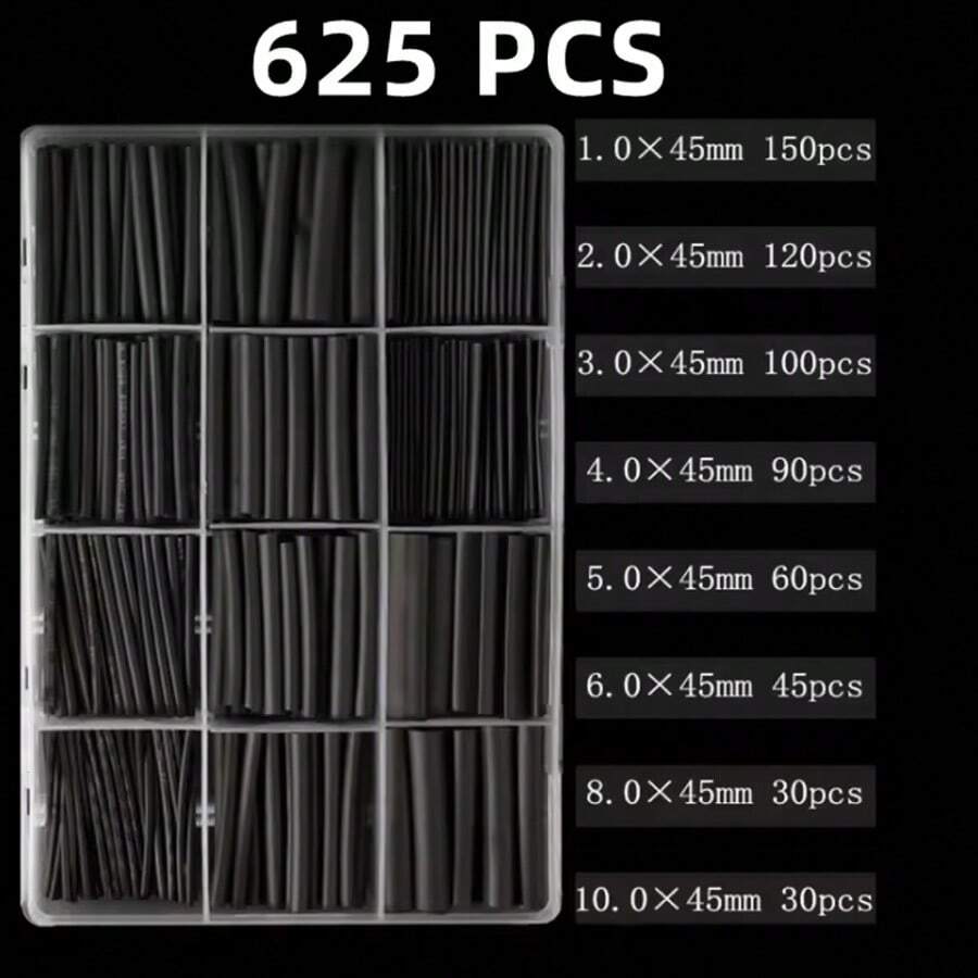 625pcs/Set Heat Shrink Tubing Black Insulation Shrinkable Tube DIY Box Set - Black - View 1