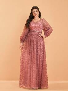 (无特定花型) V领透视长款灯笼袖喇叭下摆高端晚礼服 - 紅木色 - 查看 3