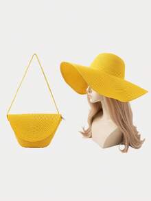 2pcs Set: Women Bohemian Solid Color Straw Hat + Straw Flip Cover Bag, Suitable For Spring Seaside, Beach, Daily Outing, Fashion Outfit Valentines Gift - A - View 9
