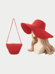 2pcs Set: Women Bohemian Solid Color Straw Hat + Straw Flip Cover Bag, Suitable For Spring Seaside, Beach, Daily Outing, Fashion Outfit Valentines Gift - A - View 16