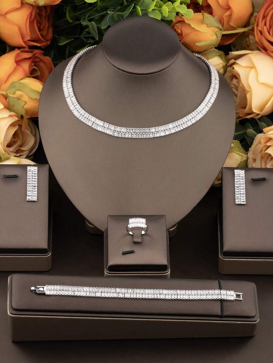 1 Set Schmuckset mit kubischen Zirkoniasteinen in rechteckigem Design, enthält 1 Paar Ohrringe, 1 Halskette, 1 Armband, 1 Ring, geeignet für Frauen Hochzeitsfeier, ohne Geschenkbox