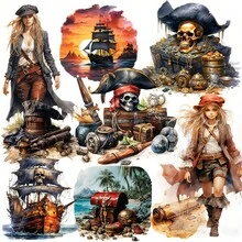 1 Pack Vintage Pirate Chest & Map Parrot Pirate Decorative Stickers For Scrapbooking, Diary, Photo Album, Craft, Stationery, School Supplies - Black - View 7