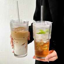 2/1 件，大容量 600ML 条纹玻璃带吸管和盖子 - 外观吸引人的玻璃水杯适用于咖啡、茶、威士忌、牛奶冰美式咖啡和拿铁饮料，耐用的饮用玻璃水杯 - 彩色 - 查看 2