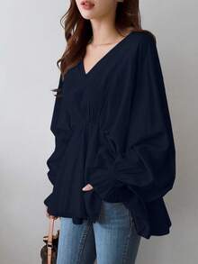 Chemise décontractée pour femmes à col V asymétrique, taille plissée, manches bouffantes longues, printemps/été - Bleu marine - Voir 3