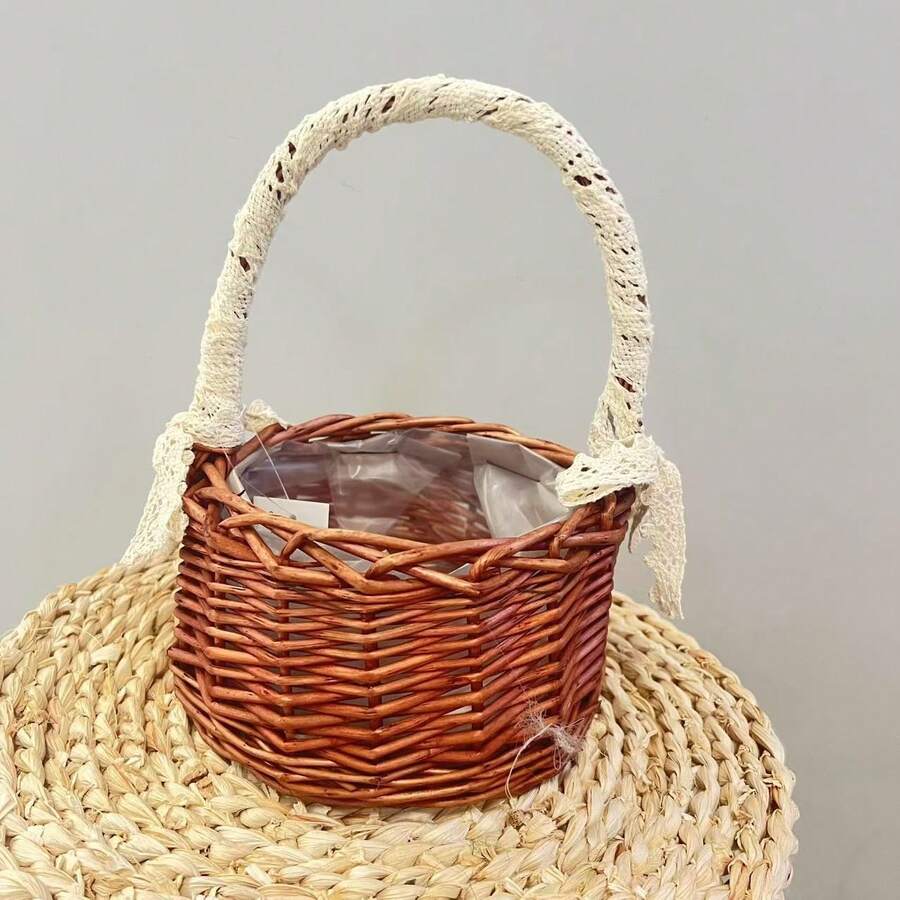 Geflochtener Blumenkorb Handtasche, geflochtener Blumenvasenkorb, kleiner Blumenmädchenkorb, Rattangeflecht Blumenkorb für die Outdoor Dekoration - Dunkelbraun - Übersicht 1