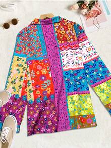 女士休闲/办公衬衫，波西米亚几何印花长袖上衣，春假必备 - 彩色 - 查看 3