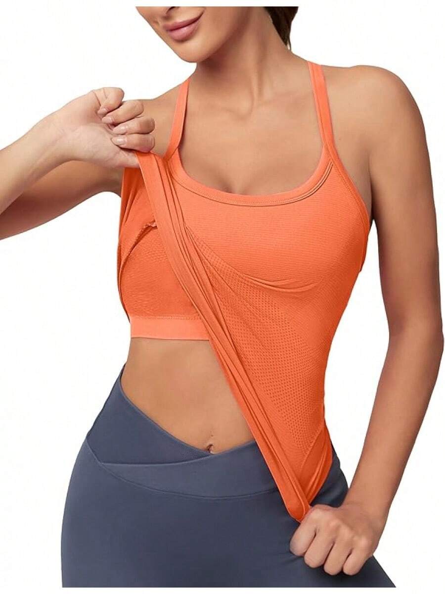 Workout Tops Women With Built In Bra, Sleeveless Gym Tops Seamless Racerback Athletic Yoga Shirts, Activewear - Orange - View 1