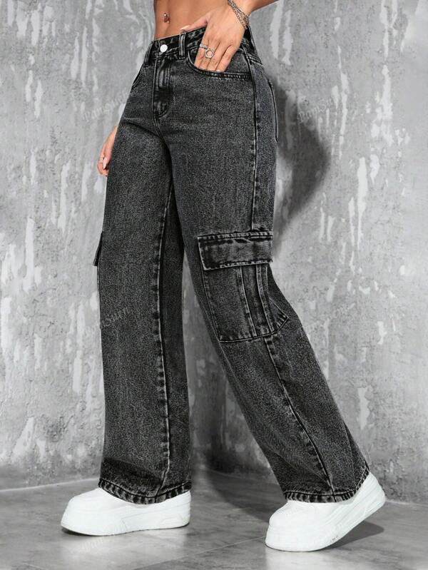 Elegant Street Style Washed Slant Pocket Straight Leg Jeans