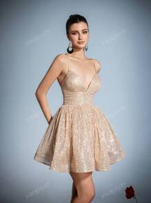 Elegant Backless Sequin Mini Dress With Delicate Spaghetti Straps - Formal Evening Gala Dress, Red Carpet Events, Luxury Wedding Guest Attire, Black-Tie Galas, And Upscale Party Wear, Prom Dress