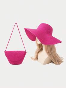 2pcs Set: Women Bohemian Solid Color Straw Hat + Straw Flip Cover Bag, Suitable For Spring Seaside, Beach, Daily Outing, Fashion Outfit Valentines Gift - A - View 14