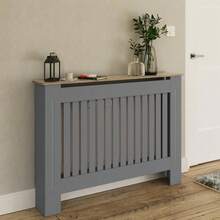 Deluxe- Longslow Medium Grey Radiator Cover Slatted Wood Design Top Shelf Display Living - Default - View 1