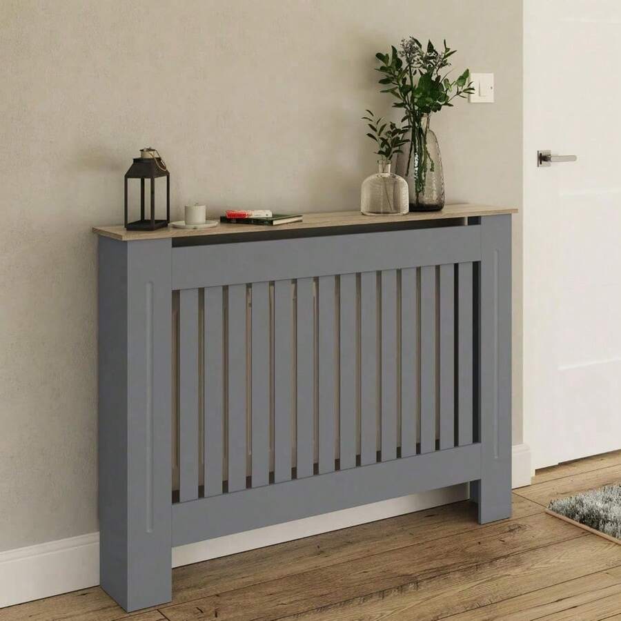 Deluxe- Longslow Medium Grey Radiator Cover Slatted Wood Design Top Shelf Display Living - Default - View 1