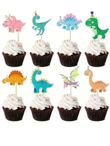 16 件恐龙纸杯蛋糕装饰可爱恐龙纸杯蛋糕装饰恐龙主题婴儿洗礼生日派对蛋糕装饰用品 - 彩色 - 查看 7