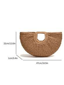 1pc New Khaki Large Capacity Handbag, Tote Bag, Woven Bag, Fan-Shaped Straw Bag, Crescent Handbag, Suitable For Travel, Vacation, Beach