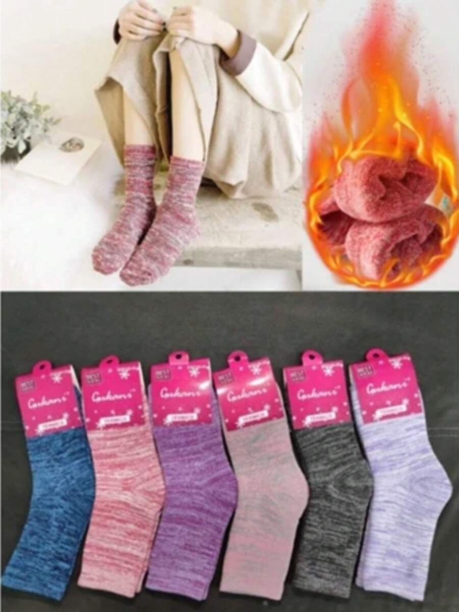 KIT 6-12 Pairs Women's Thick, Warm, Mixed Color, Calf-Length, Terry Socks, Size 34-40 - 6 pares - 查看 1