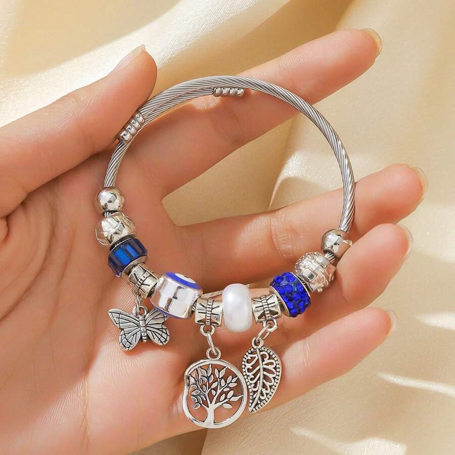 Popular Classic Silver Stainless Steel Bracelet Exquisite Pendant Alloy Adjustable Couple Bracelet - Xanh lam - 3 - Xem 1