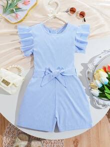 Teenage Girls' Casual Striped Jumpsuit With Ruffle Sleeves, Waist Belt Design, Back Hidden Zipper For Easy On-Off, Suitable For Outdoor, Vacation, Casual Wear - Blue - View 1