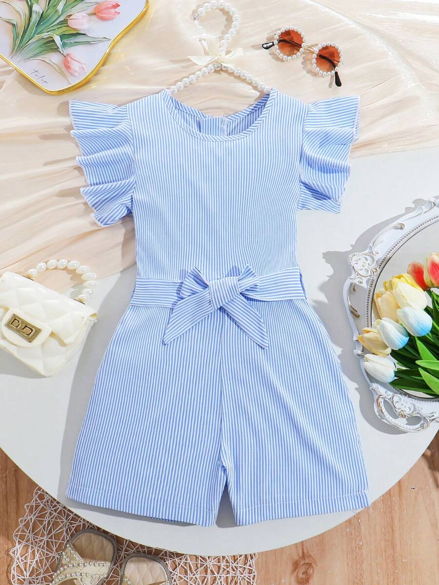 Teenage Girls' Casual Striped Jumpsuit With Ruffle Sleeves, Waist Belt Design, Back Hidden Zipper For Easy On-Off, Suitable For Outdoor, Vacation, Casual Wear - Blue - View 1