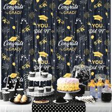 2pcs 2025 Class Graduation Photography Backdrop Black Gold Glitter Bokeh Graduation Party Background 2025 Congrats Grad Prom Party Decoration Banner (Five Colors Available