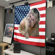 1pc Funny Monkey And Tulip Tapestry With American Flag Background, Decorative Wall Hanging Suitable For Living Room, Bedroom, Office, Humorous Decor, Pet And Floral Theme, All-Season, Made Of Polyester, Comes With 3 Wall Nails And 2 Clips