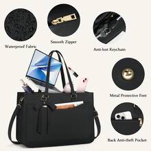 Laptop Bag For Women 15.6 Inch Work Tote Bags Leather Laptop Tote Waterproof Computer Bag Professional Office Business Briefcase Large Handbag For College Teacher Travel - 黑色 - 查看 6