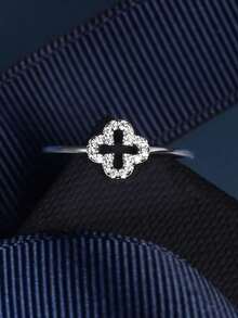 1pc S925 Sterling Silver Cubic Zirconia Four Leaf Clover Design Ring, Fashionable & Delicate Fine Jewelry For Daily Wear - Silver - View 4