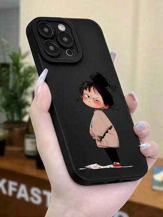 Cute Angry Girl Minimalist Print Phone Case, 360 Degree Full Protection Black Classic Matte Phone Case, Compatible With IPhone & Galaxy Smartphones