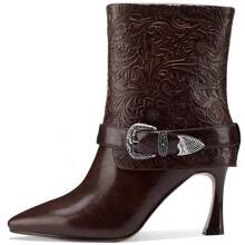 TDD Mid Calf Boots For Women Stiletto Pointed Toe Winter Buckle Extra Wide Calf Botas Para Mujer Dressy Warm Lined Ladies Fashion 3 Inch High Heels