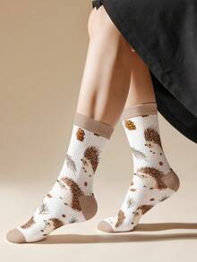 1 Pair Hedgehog & Pine Cone Pattern Socks - Warm Hedgehog & Pine Cone Design Embracing Nature, 360 Digital Printing Mid-Calf Socks, Autumn/Winter - Multicolor - View 1