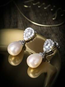 1 Cặp Hoa tai hình giọt nước Cubic Zirconia & Ngọc trai thanh lịch, Hoa tai trang sức sang trọng dành cho phụ nữ - Bạc - Xem 2