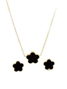 3pcs/Set Gold Stainless Steel Black Flower Necklace, Earrings, Bracelet, Fashion Personalized Retro Sweet Design Versatile For Men/Women Couples Wearing To Street, Party, Daily - Gold - View 3