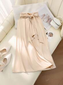 Women's Solid Color Casual Elegant Knotted Waist Tie Satin Skirt, Suitable For Party And Evening Date