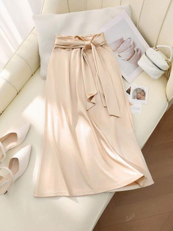 Women's Solid Color Casual Elegant Knotted Waist Tie Satin Skirt, Suitable For Party And Evening Date