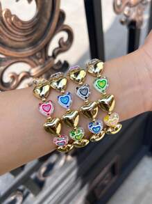 1 pieza Pulsera elástica hecha a mano con cuentas de cobre, con corazón enchapado y esmalte colorido, adecuada para uso diario y eventos de mujeres
