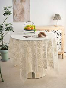 1pc French Style Minimalist Cream Lace Tablecloth With Embroidered Flowers And Bells, Suitable For Outdoor Wedding Decor, TV Cabinet Cover, Birthday Party, Afternoon Tea, Garden Photoshoot Background, All Seasons