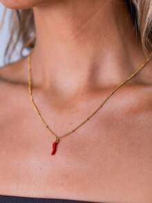 MECYLIFE 1pc Minimalist Stainless Steel Red Chili Pepper Pendant Necklace, Versatile For Women - Gold - View 1