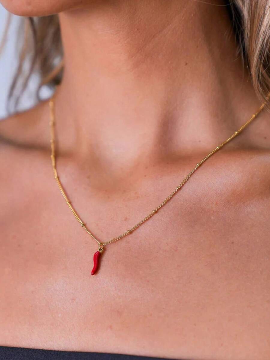 MECYLIFE 1pc Minimalist Stainless Steel Red Chili Pepper Pendant Necklace, Versatile For Women - Gold - View 1