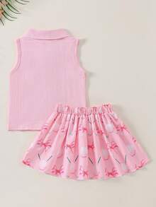 Kids Girl 2 Piece Outfit Lapel Sleeveless Tank Tops And Golf Print Pleated A-Line Skirt Set For Toddler Summer Clothes - 紅色 - 查看 4
