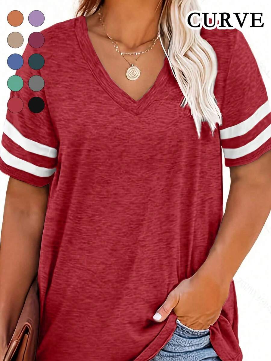 Plus Size V-Neck Striped Casual T-Shirt Summer - Hot Pink - View 1