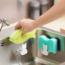 1pc Cat-Shaped Sponge Holder With Wall Mount, Easy Install, Casual Style, Plastic Material, Kitchen And Bathroom Sponge And Brush Organizer, Utility Hooks