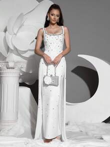 全新无袖低胸钻石绷带连衣裙，优雅女士正式活动礼服，派对礼服，适合晚会、婚礼宾客 - 白色 - 查看 2