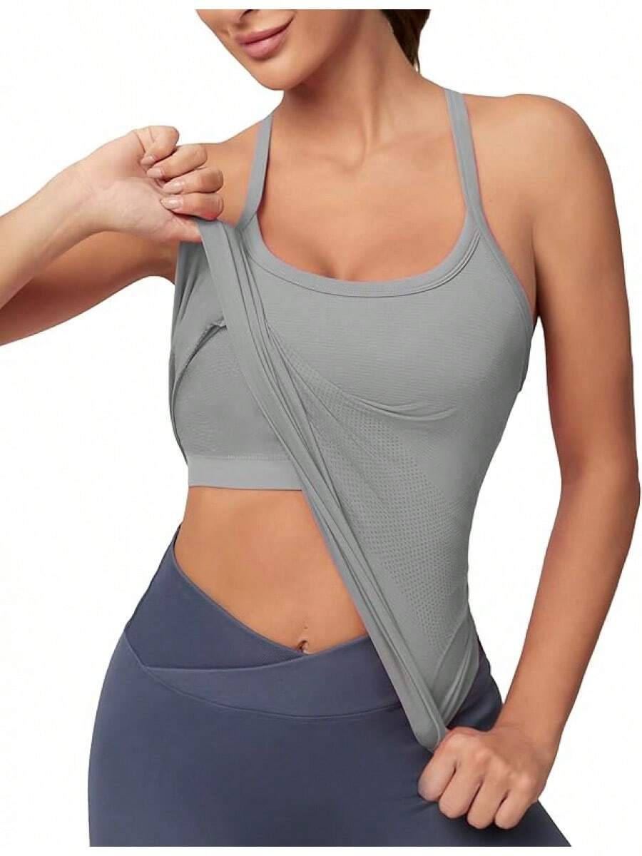 Workout Tops Women With Built In Bra, Sleeveless Gym Tops Seamless Racerback Athletic Yoga Shirts, Activewear - 灰色 - View 1