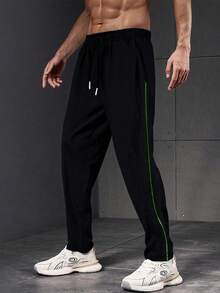 1pc Men's Spring/Summer Sportswear, Casual Loose Outdoor/Running/Training Sweatpants, Daily Commuting, Fashion Loose Straight Leg Contrast Color Casual Pants For Summer Holiday/Beach - Black - View 6