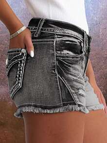 Women's Casual Washed Vintage Ripped Frayed Hem Fitted Denim Shorts - Grey - View 8